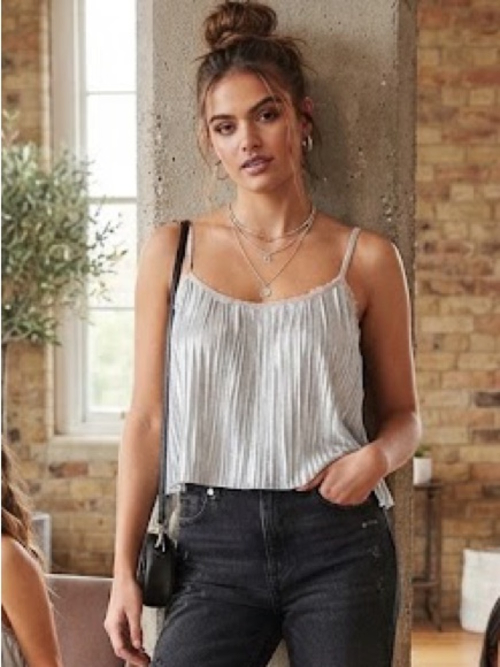 Top Shop - Silver Top- Spaghetti Strap Pleated Cami Top -Top Shop